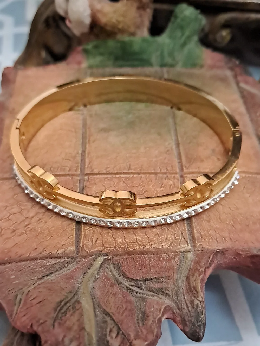 Fashion Jewelry Gold-Tone Double Bracelet with Clear Crystal Row